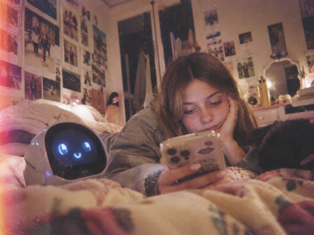 A teenage girl lying in bed with her phone, a small robot companion with a glowing smiling face beside her