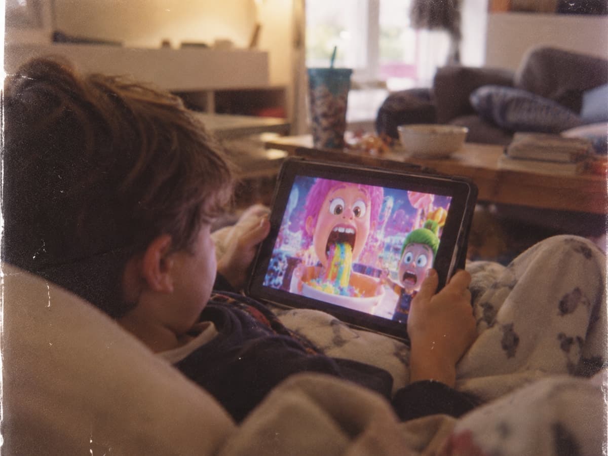 A child curled up under a blanket watching a brightly coloured cartoon on a tablet