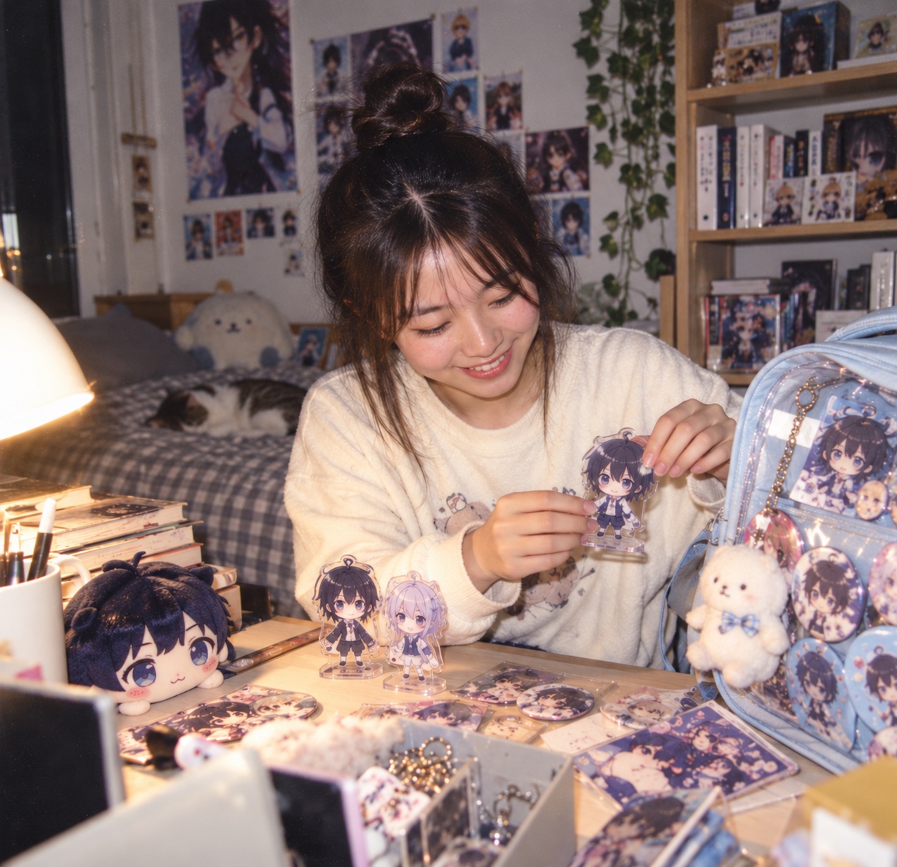 A young woman at her desk arranging anime acrylic stands, badges and plush characters, with a badge-covered bag and posters around her