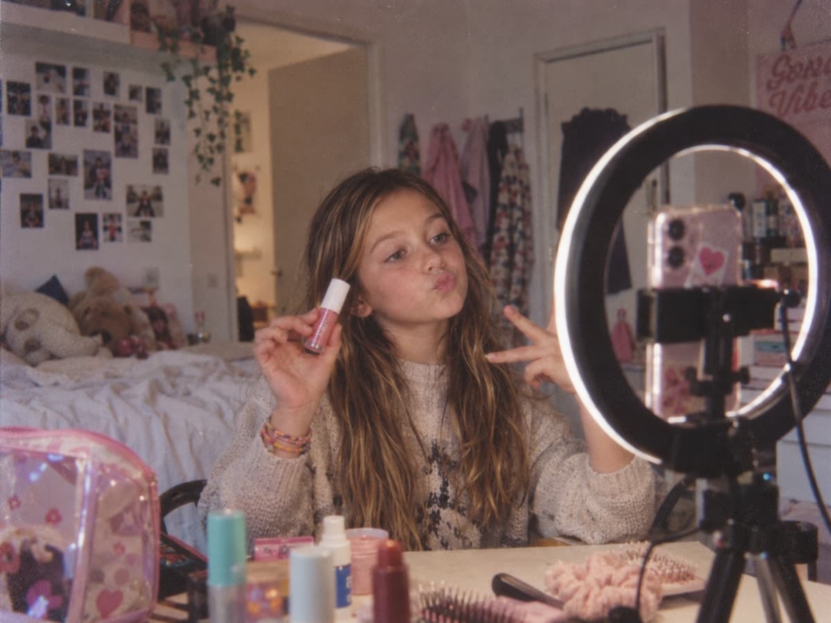 A girl holding up a lip gloss in front of a ring light and a phone on a tripod in her bedroom